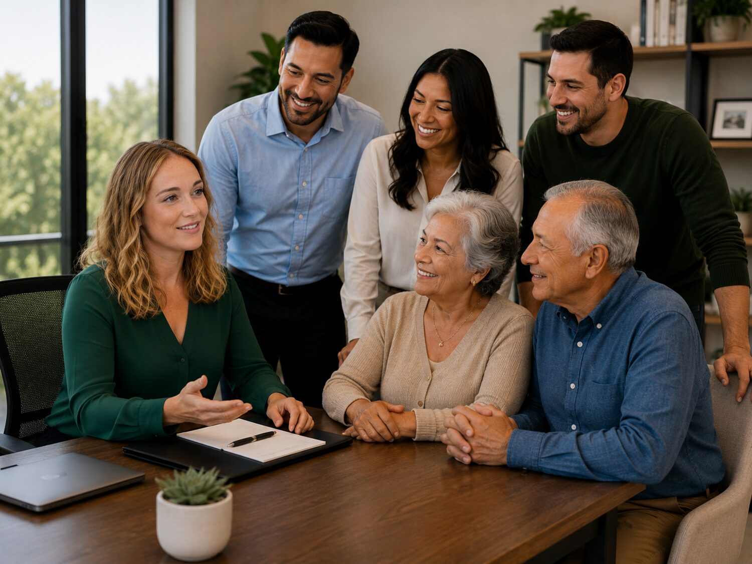An LTM Group advisor in conversation with an older couple and their adult children.